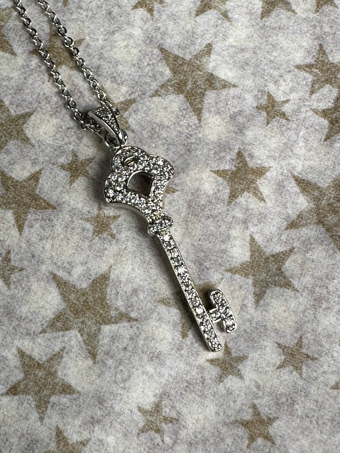 Pave Set Cubic Zirconia Dainty Key Pendant Necklace in Silver Tone