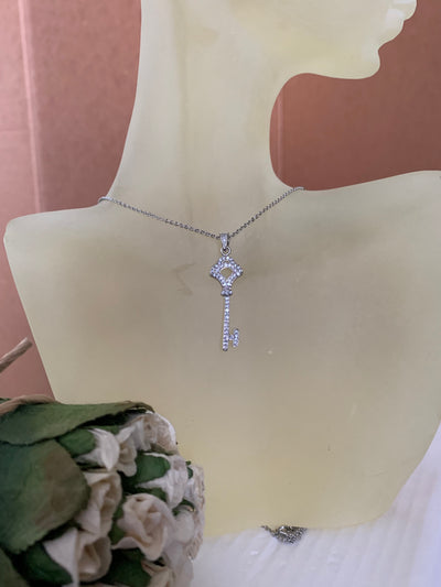 Pave Set Cubic Zirconia Dainty Key Pendant Necklace in Silver Tone