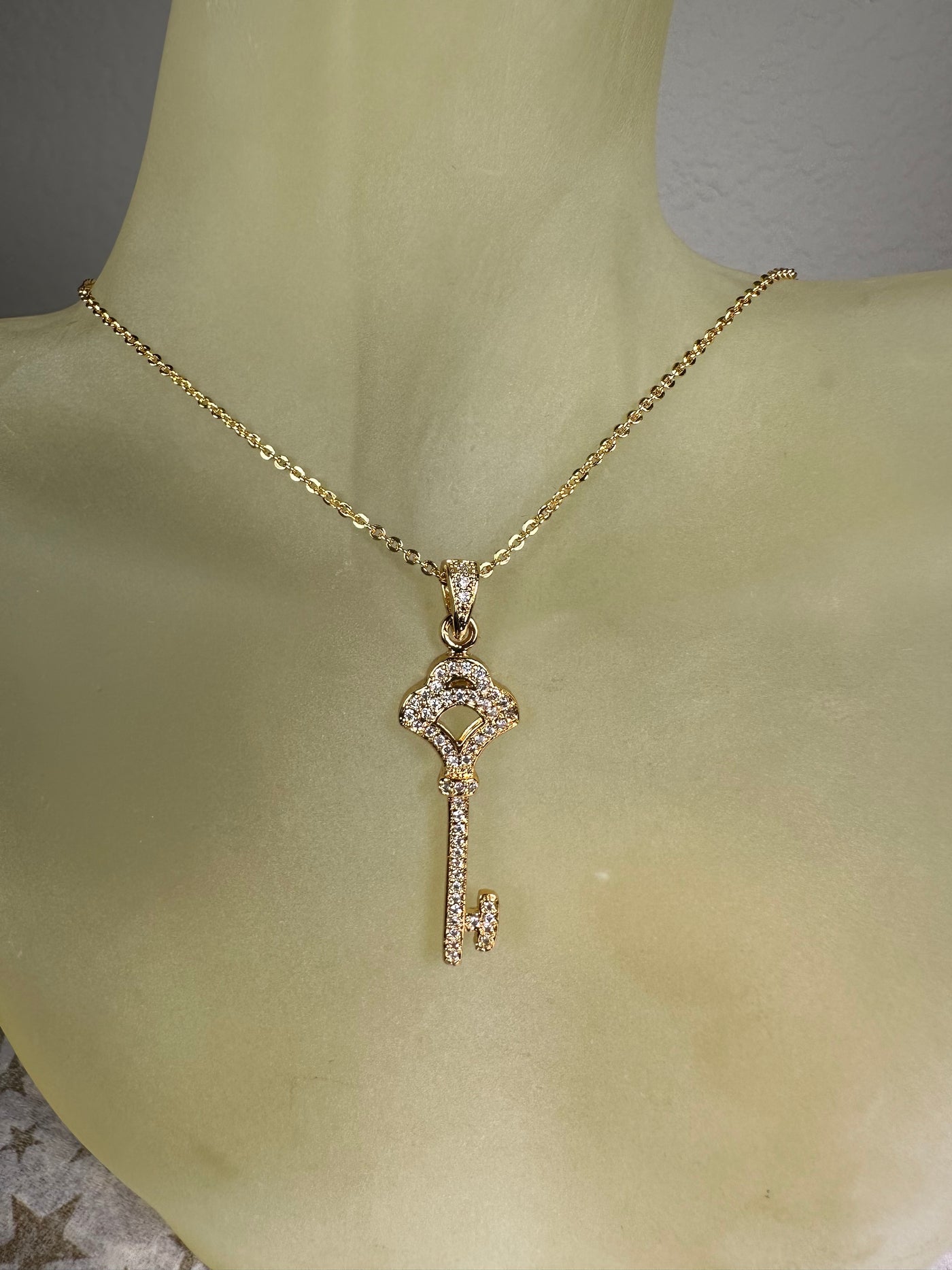 Pave Set Cubic Zirconia Dainty Key Pendant Necklace in Yellow Gold Tone