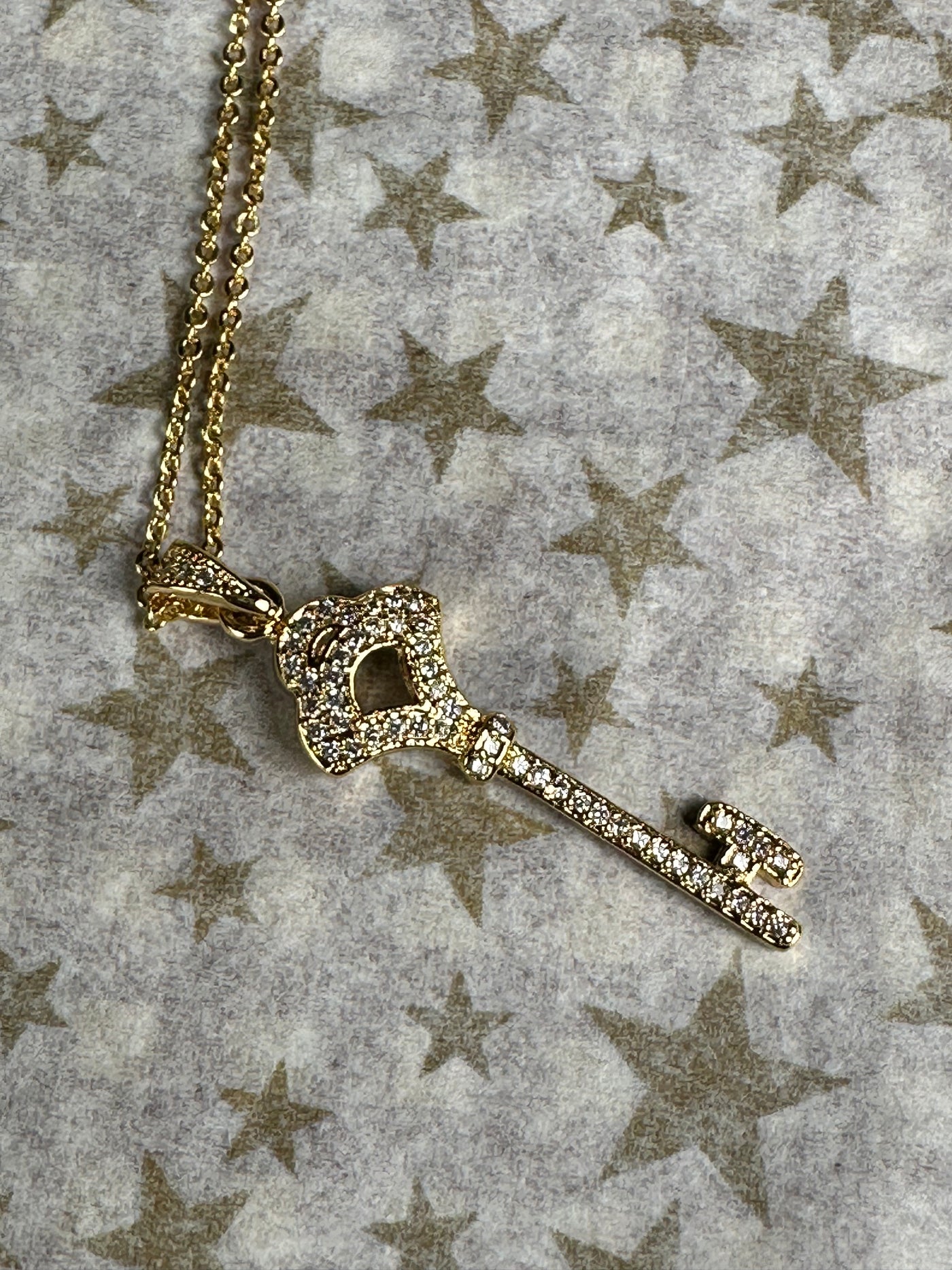 Pave Set Cubic Zirconia Dainty Key Pendant Necklace in Yellow Gold Tone