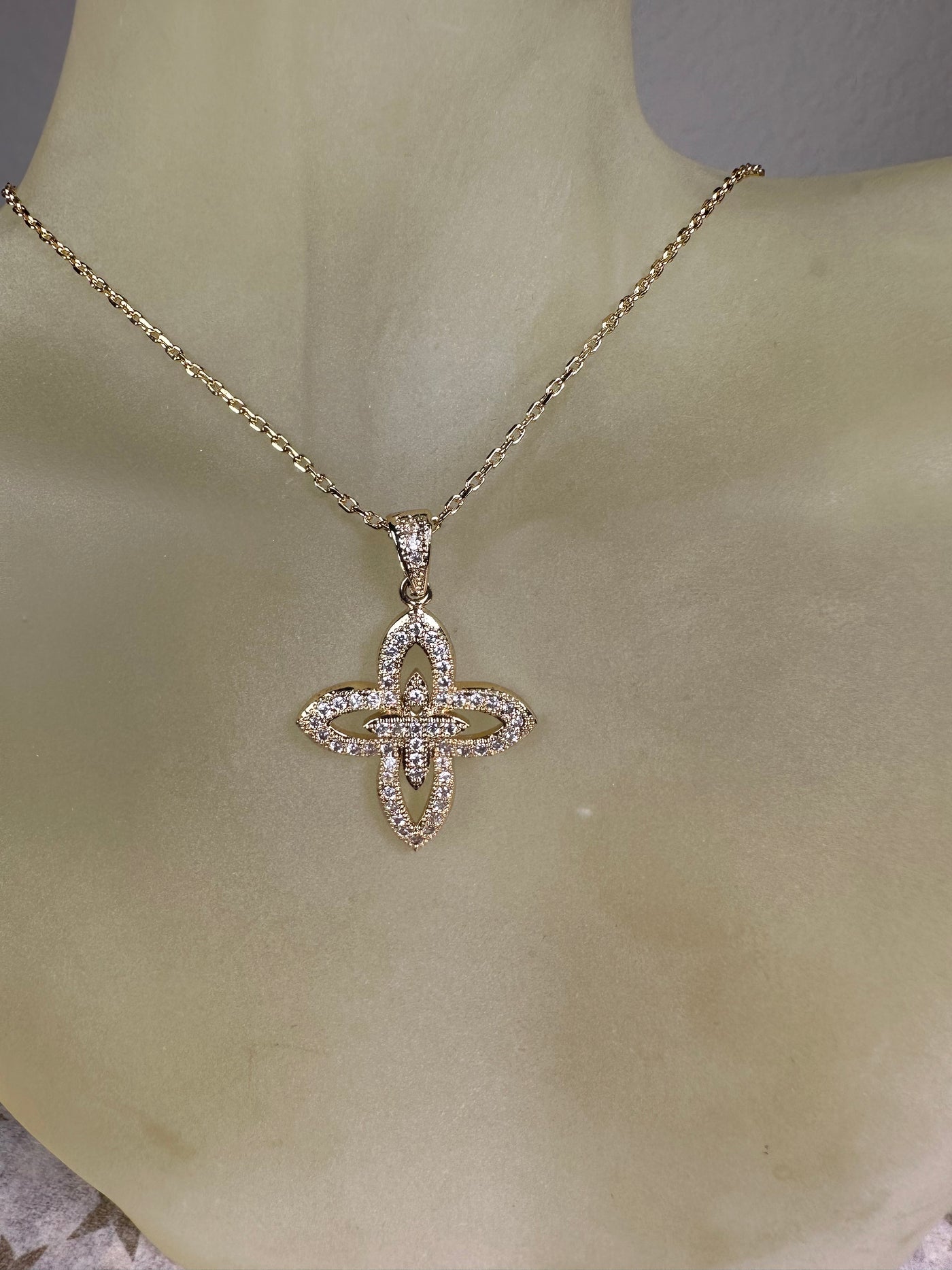 Pave Set Cubic Zirconia CZ Pendant Necklace in Yellow Gold Tone