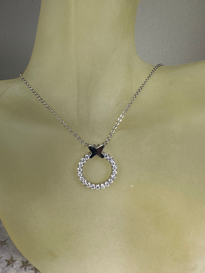 Pave Set Cubic Zirconia Butterfly on a Circle Pendant Necklace in Silver Tone