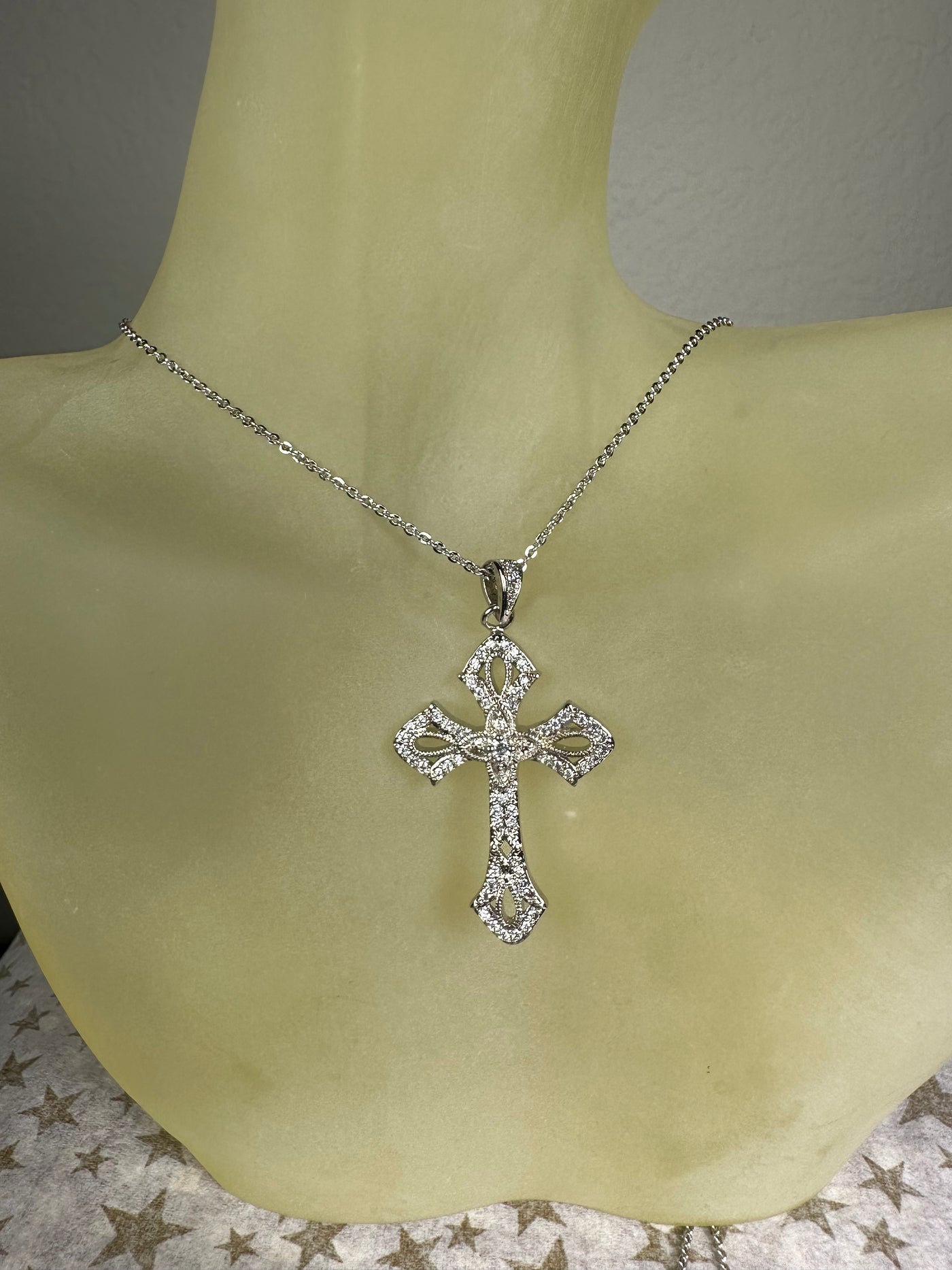 Pave Set Cubic Zirconia Ornate CZ Cross Pendant Necklace in Silver Tone