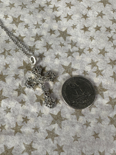 Pave Set Cubic Zirconia Ornate CZ Cross Pendant Necklace in Silver Tone