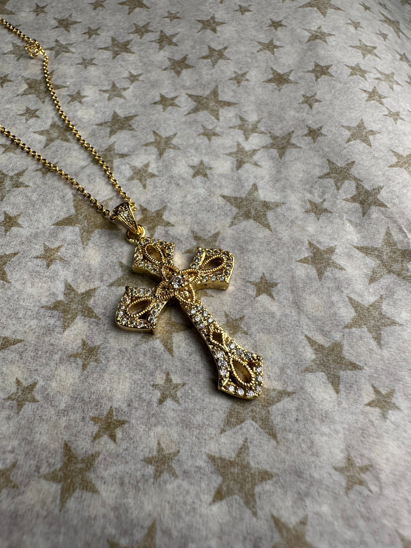 Pave Set Cubic Zirconia Ornate CZ Cross Pendant Necklace in Yellow Gold Tone
