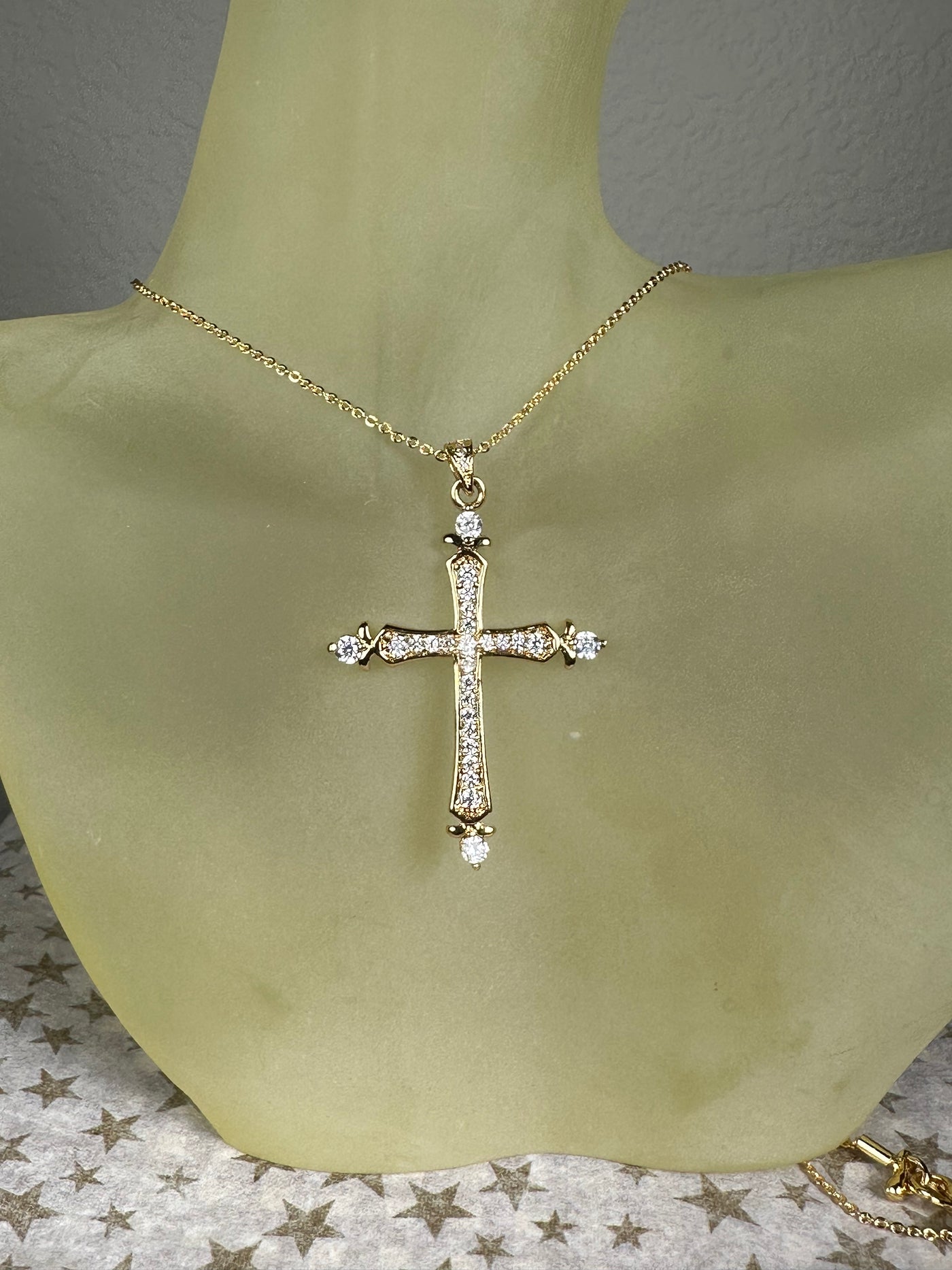 Pave Set Cubic Zirconia CZ Cross Pendant Necklace in Yellow Gold Tone