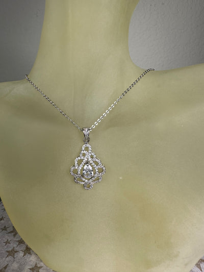 Pave Set Cubic Zirconia "Lace" Pendant Necklace in Silver Tone
