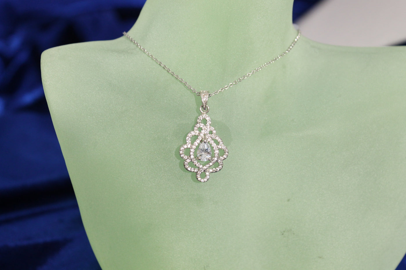 Pave Set Cubic Zirconia "Lace" Pendant Necklace in Silver Tone