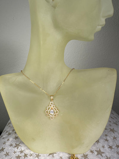 Pave Set Cubic Zirconia "Lace" Pendant Necklace in Yellow Gold Tone