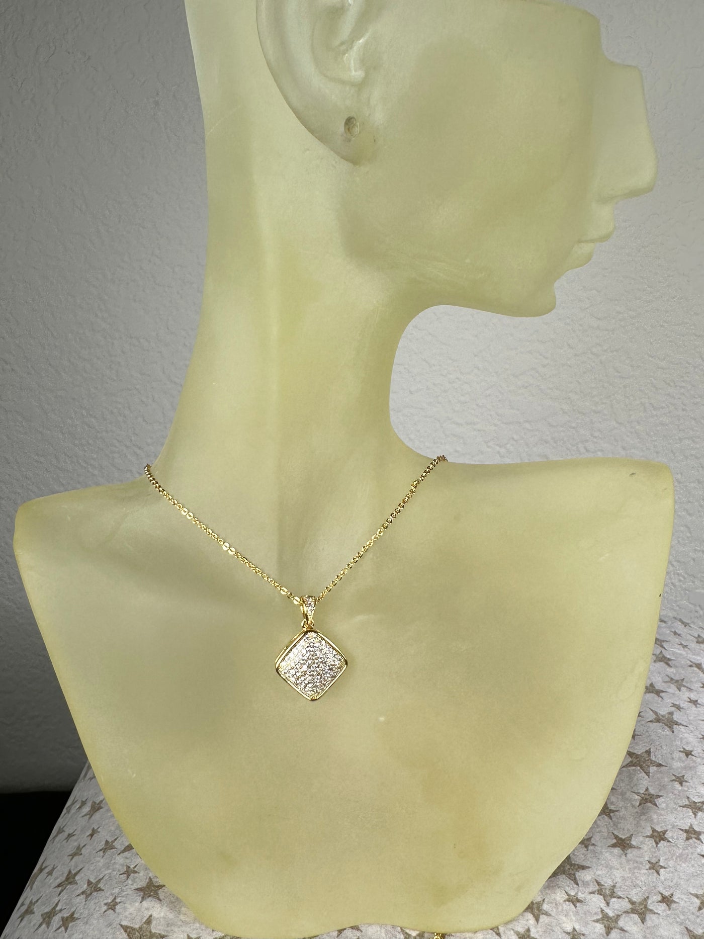 Pave Set Cubic Zirconia Square Pendant Necklace in Yellow Gold Tone