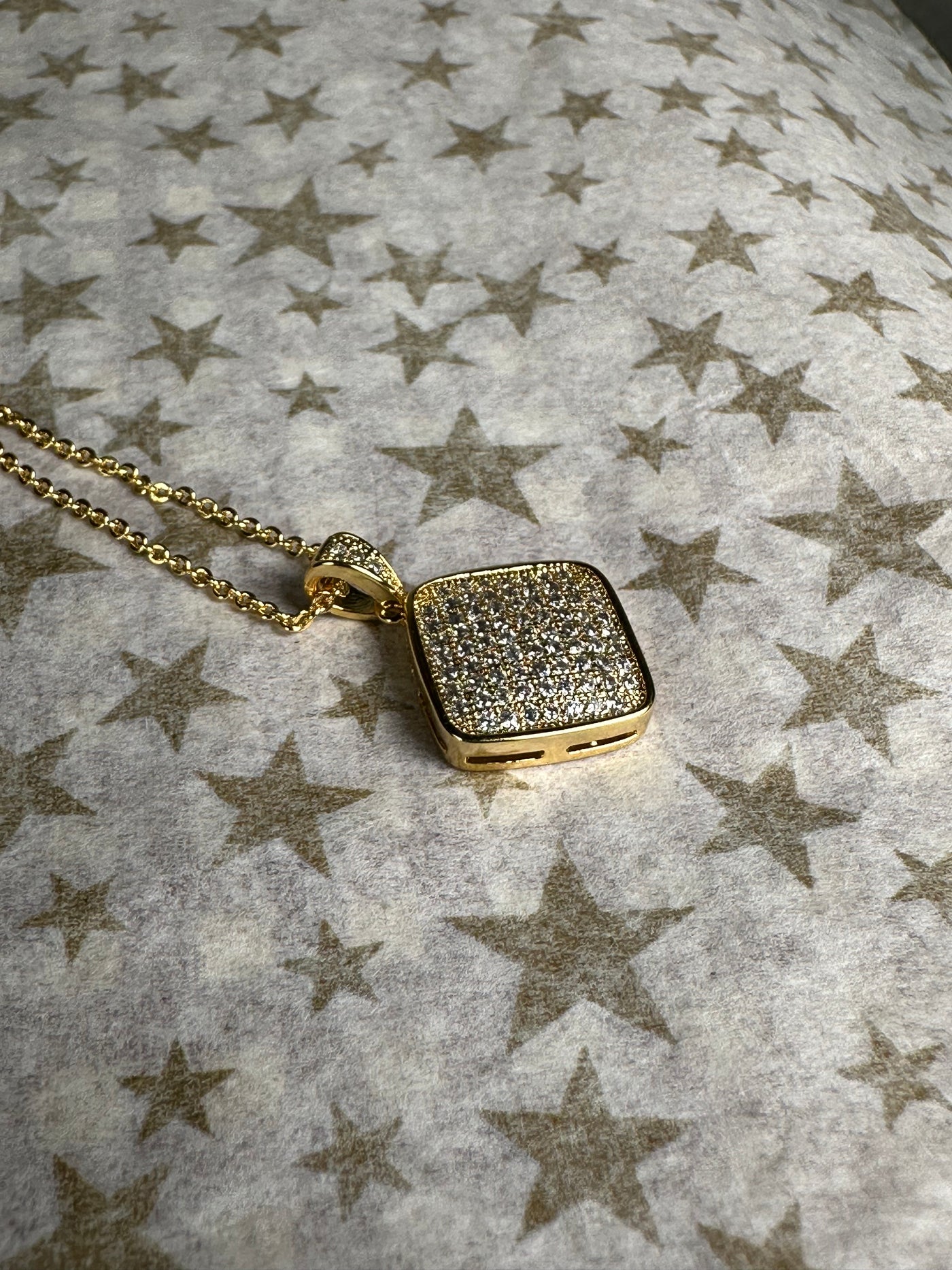 Pave Set Cubic Zirconia Square Pendant Necklace in Yellow Gold Tone