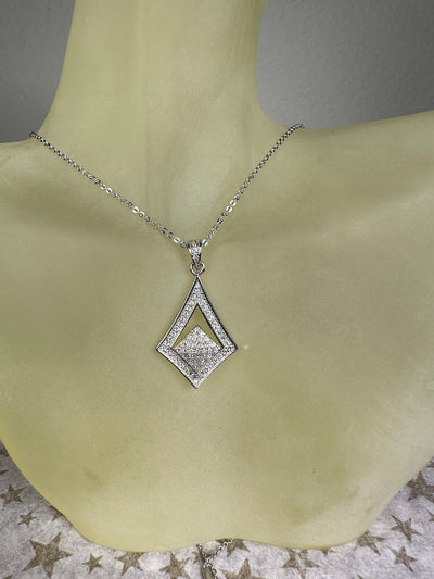 Pave Set Cubic Zirconia CZ Diamond Shape Pendant Necklace in Silver Tone
