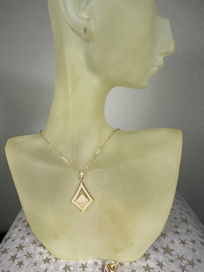 Pave Set Cubic Zirconia CZ Diamond Shape Pendant Necklace in Yellow Gold Tone