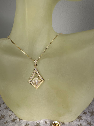 Pave Set Cubic Zirconia CZ Diamond Shape Pendant Necklace in Yellow Gold Tone