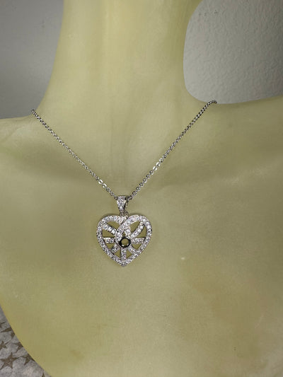 Pave Set Cubic Zirconia Heart Pendant Necklace in Silver Tone