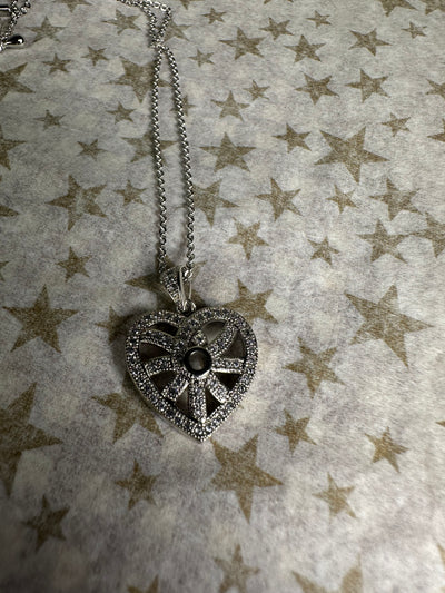 Pave Set Cubic Zirconia Heart Pendant Necklace in Silver Tone