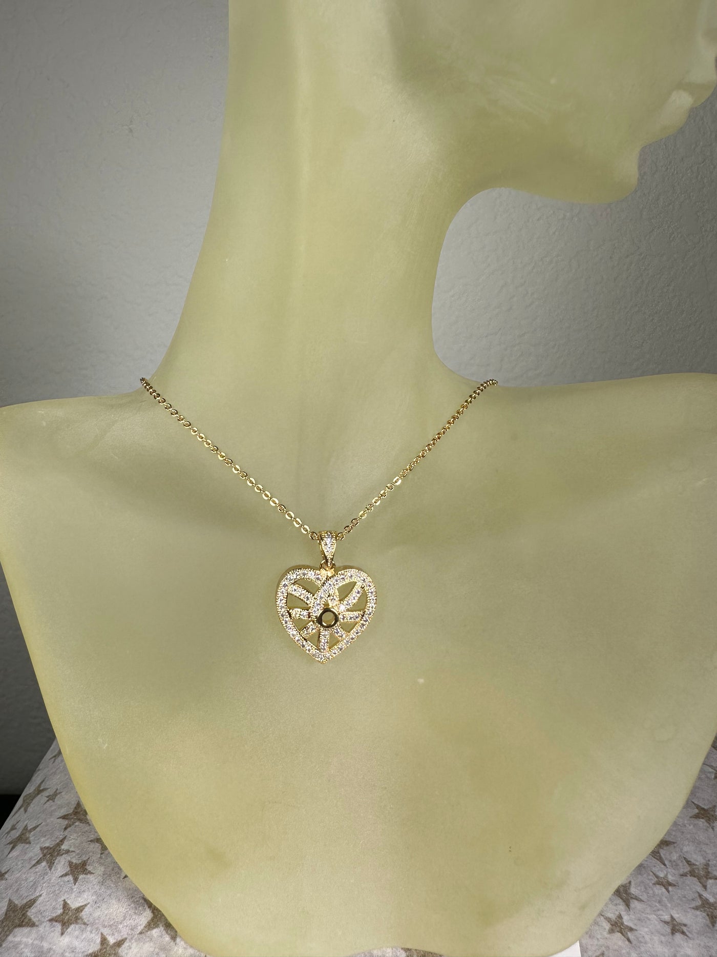 Pave Set Cubic Zirconia Heart Pendant Necklace in Yellow Gold Tone