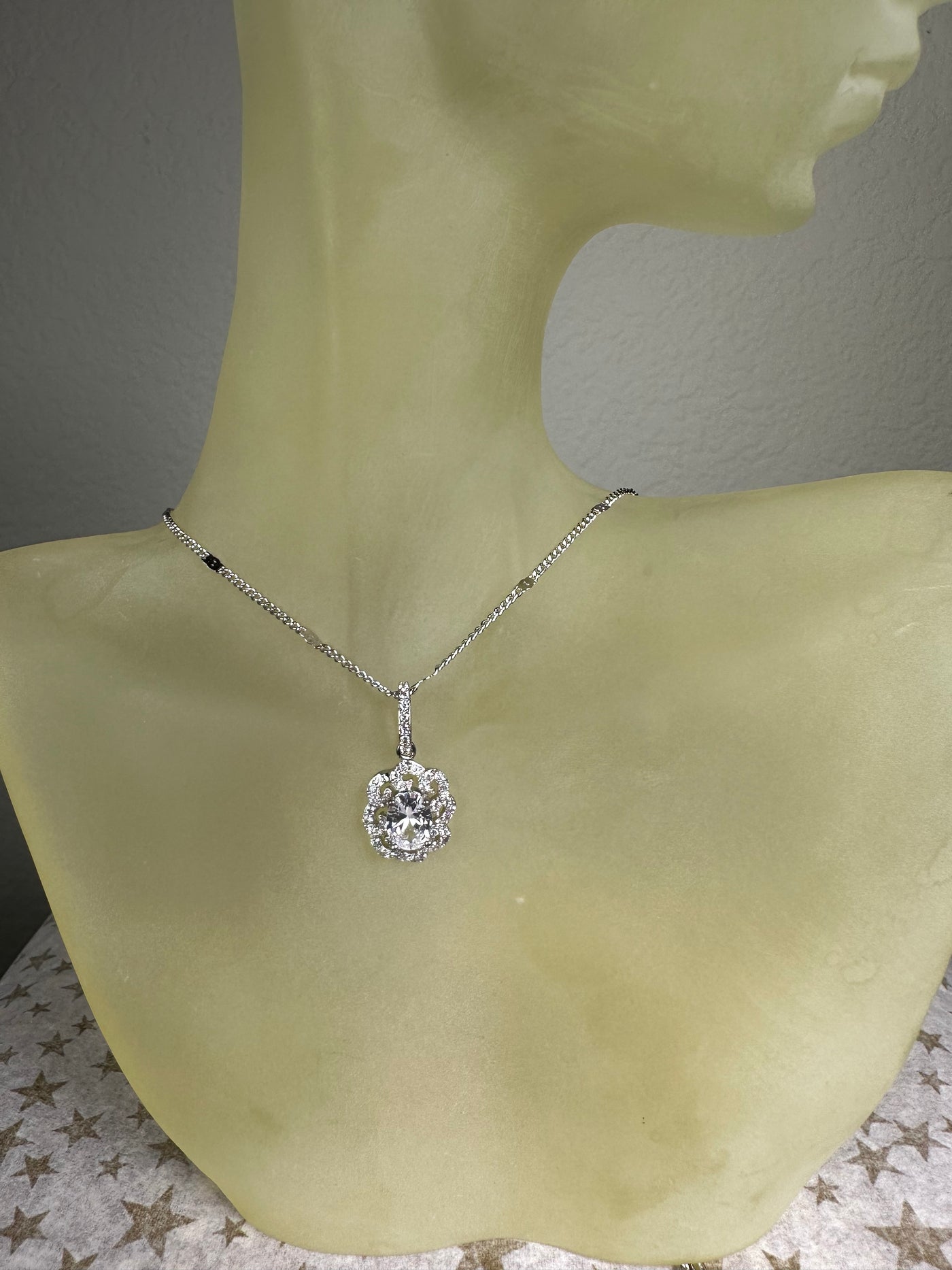 Pave Set Cubic Zirconia Floral Pendant Necklace in Silver Tone