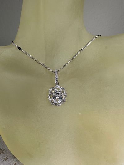 Pave Set Cubic Zirconia Floral Pendant Necklace in Silver Tone