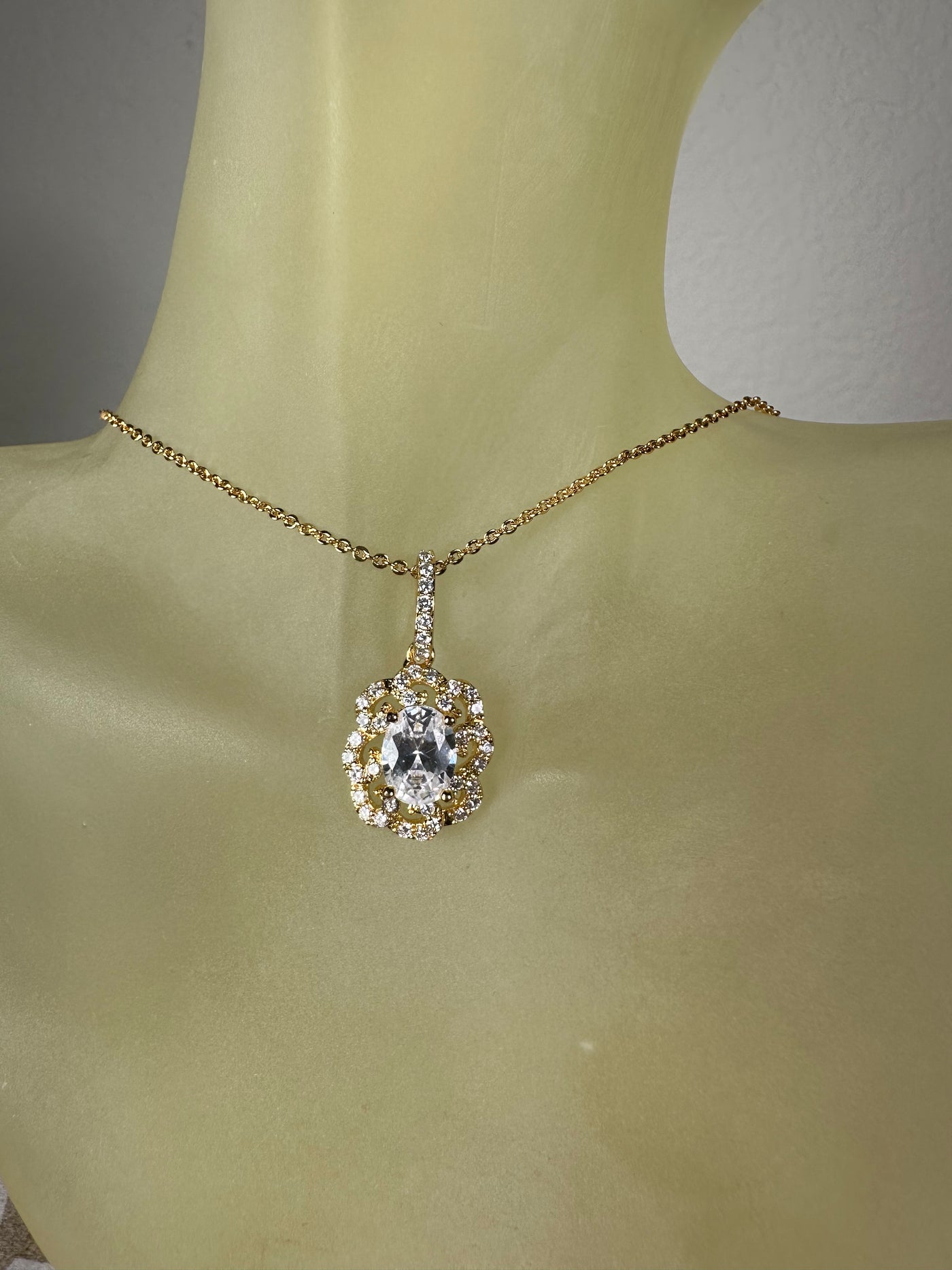 Pave Set Cubic Zirconia Floral Pendant Necklace in Yellow Gold Tone