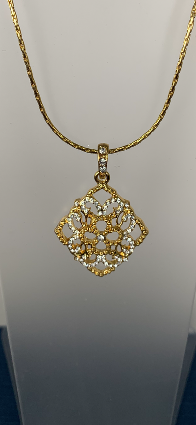 Yellow Gold Tone Filigree Diamond Shape Pendant Necklace with Crystals