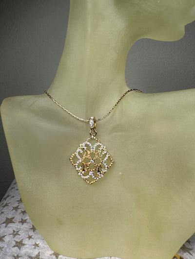 Yellow Gold Tone Filigree Diamond Shape Pendant Necklace with Crystals
