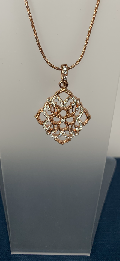 Rose Gold Tone Crystal Filigree Diamond Shape Pendant Necklace with Crystals
