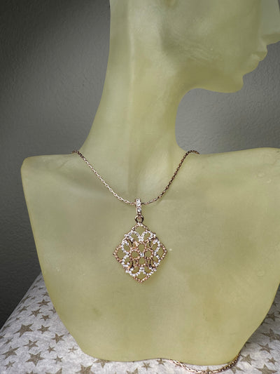 Rose Gold Tone Crystal Filigree Diamond Shape Pendant Necklace with Crystals