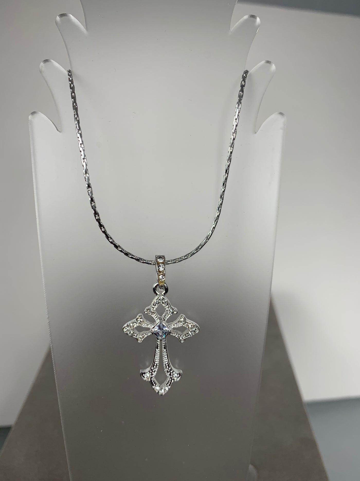 Silver Tone Ornate Crystal Cross Pendant Necklace