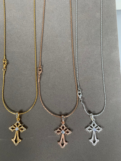 Rose Gold Tone Ornate Crystal Cross Pendant Necklace