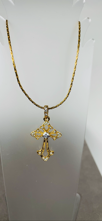 Yellow Gold Tone Ornate Crystal Cross Pendant Necklace