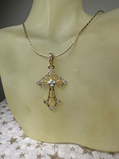 Yellow Gold Tone Ornate Crystal Cross Pendant Necklace