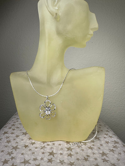 Silver Tone Crystal Flower Pendant Necklace
