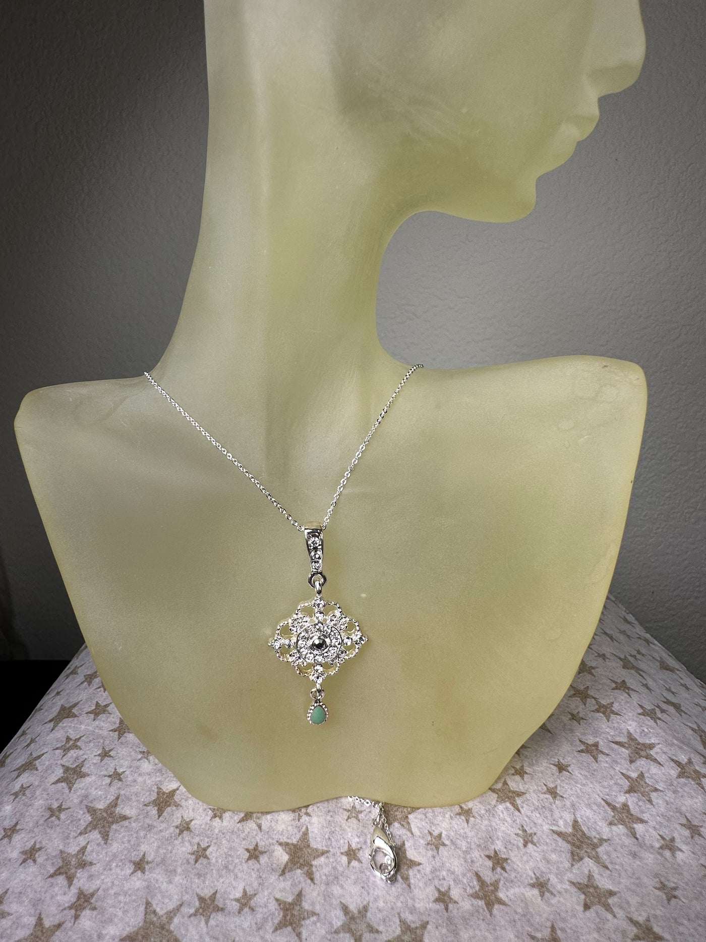 Silver Tone Rose "Vintage" Crystal Drop Pendant Necklace