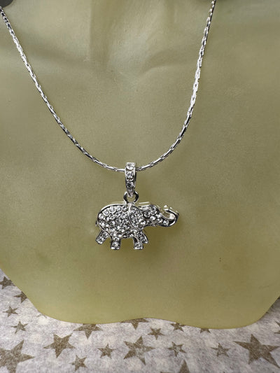 Silver Tone Elephant Crystal Pendant Necklace