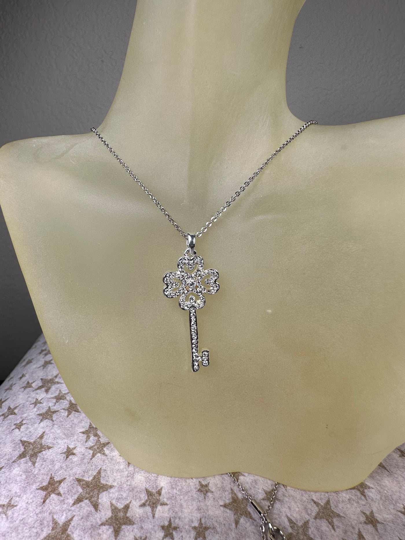 Silver Tone Crystal Key Pendant Necklace