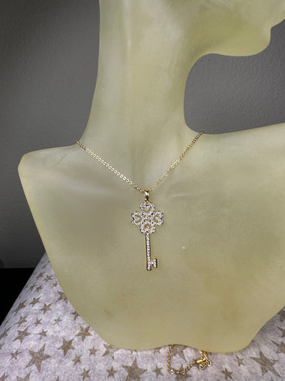 Yellow Gold Tone Crystal Key Pendant Necklace