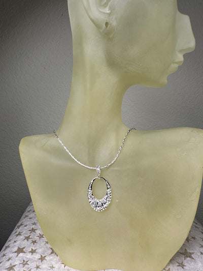 Silver Tone Crystal Oval Pendant Necklace