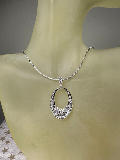 Silver Tone Crystal Oval Pendant Necklace