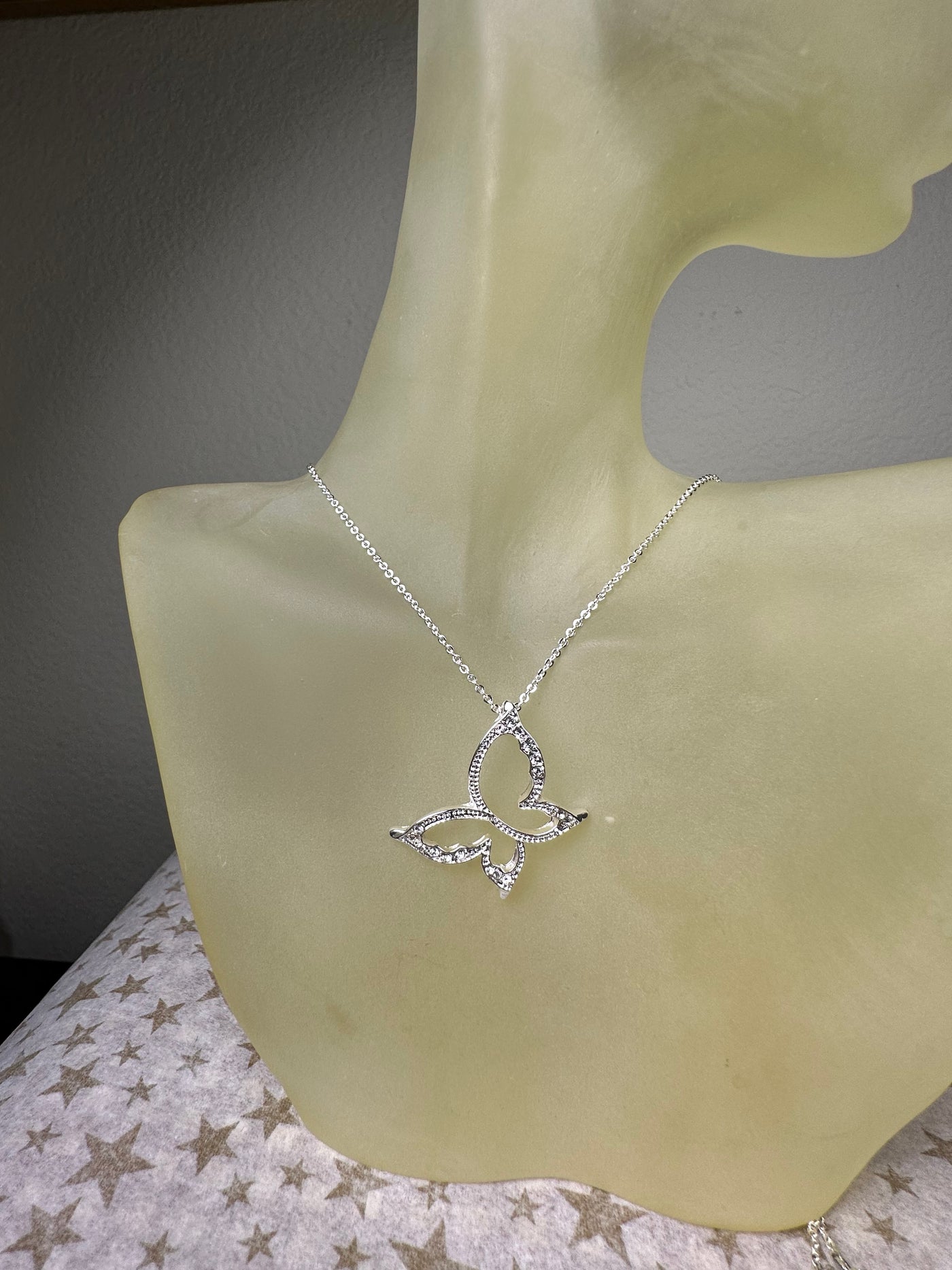 Silver Tone Crystal Contour Butterfly Pendant Necklace