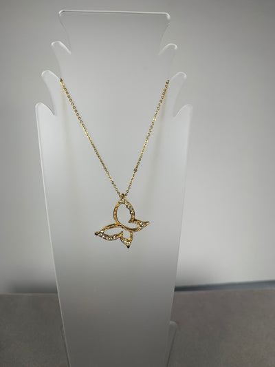 Yellow Gold Tone Crystal Contour Butterfly Pendant Necklace
