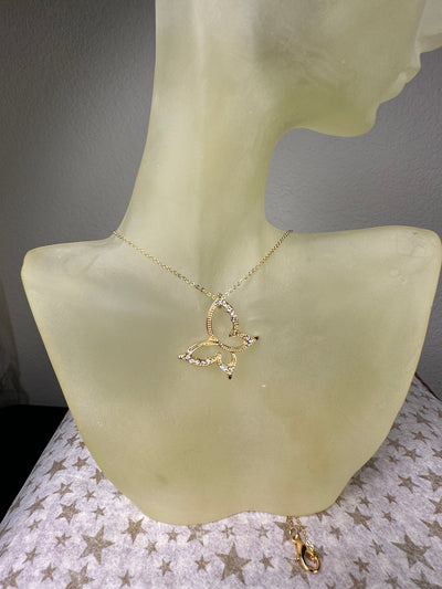 Yellow Gold Tone Crystal Contour Butterfly Pendant Necklace