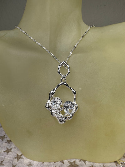 Silver Tone Crystal Open Free Form Style Pendant Necklace