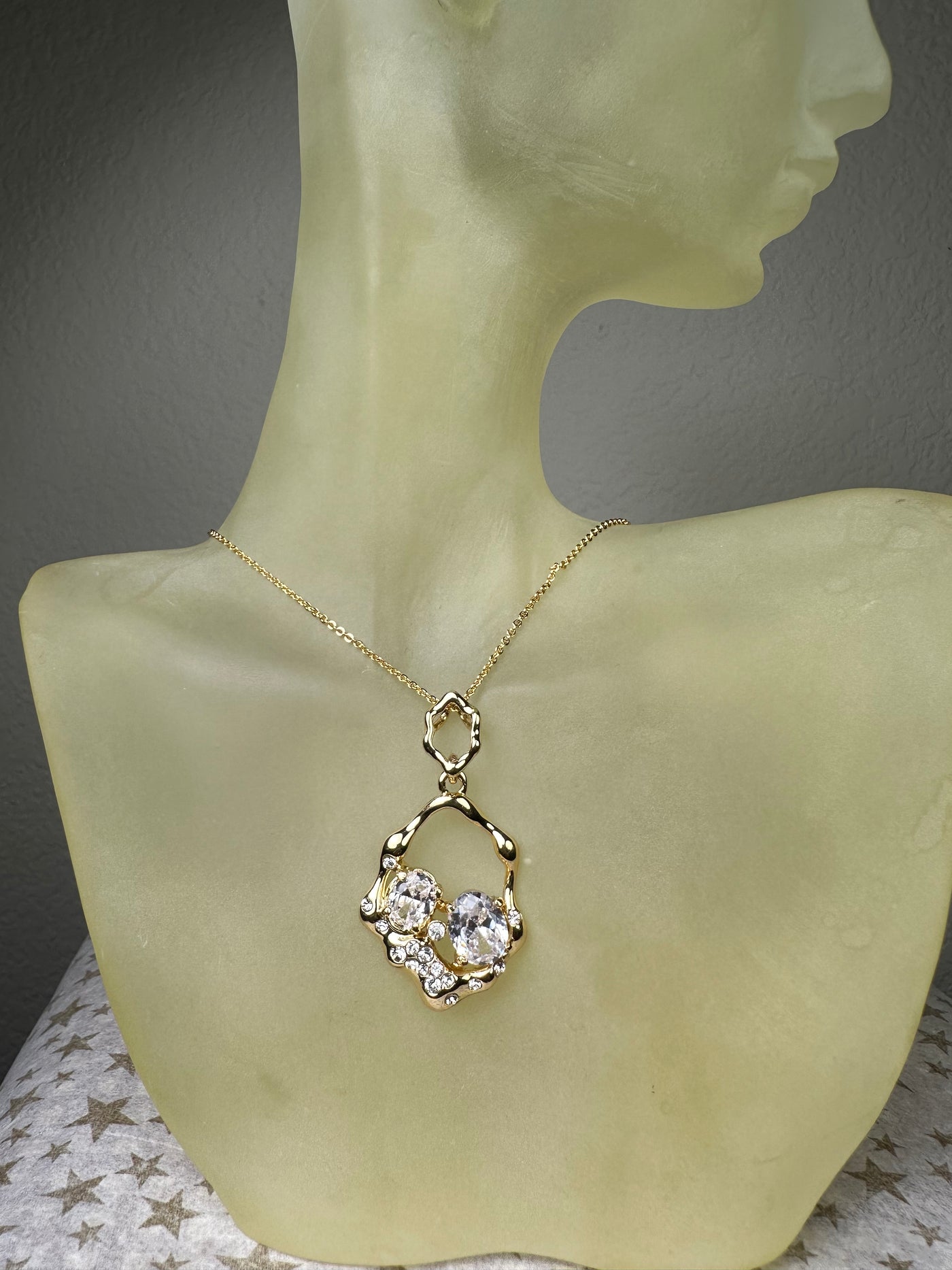 Yellow Gold Tone Crystal Open Free Form Pendant Necklace