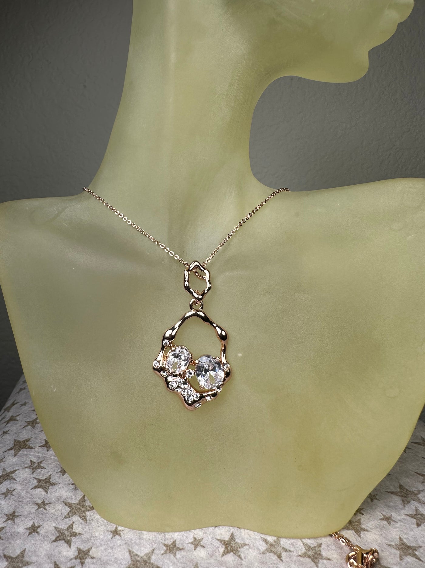 Rose Gold Tone Crystal Open Free Form Style Pendant Necklace