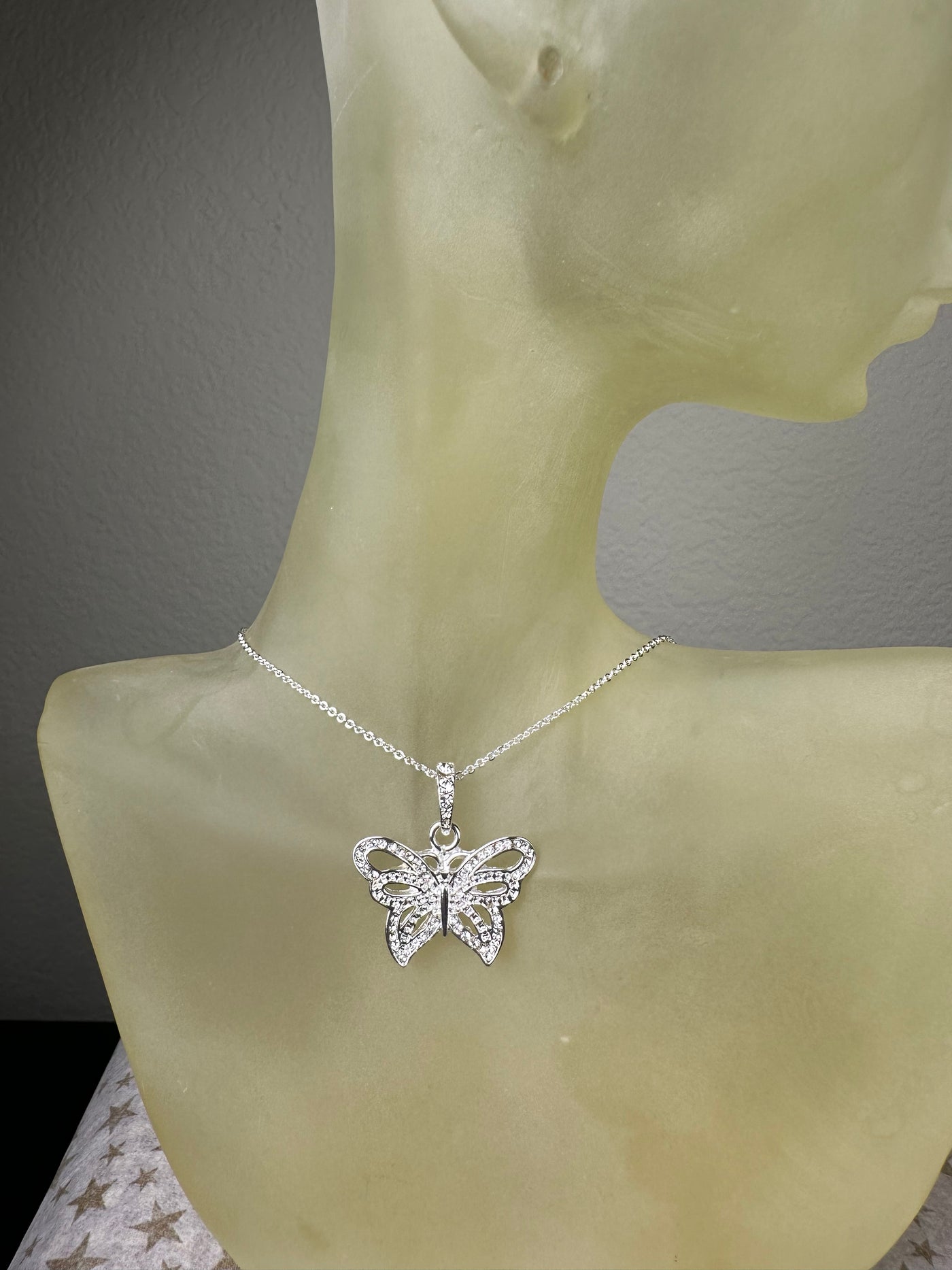 Silver Tone Crystal Butterfly Pendant Necklace