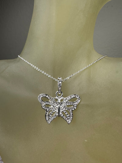 Silver Tone Crystal Butterfly Pendant Necklace