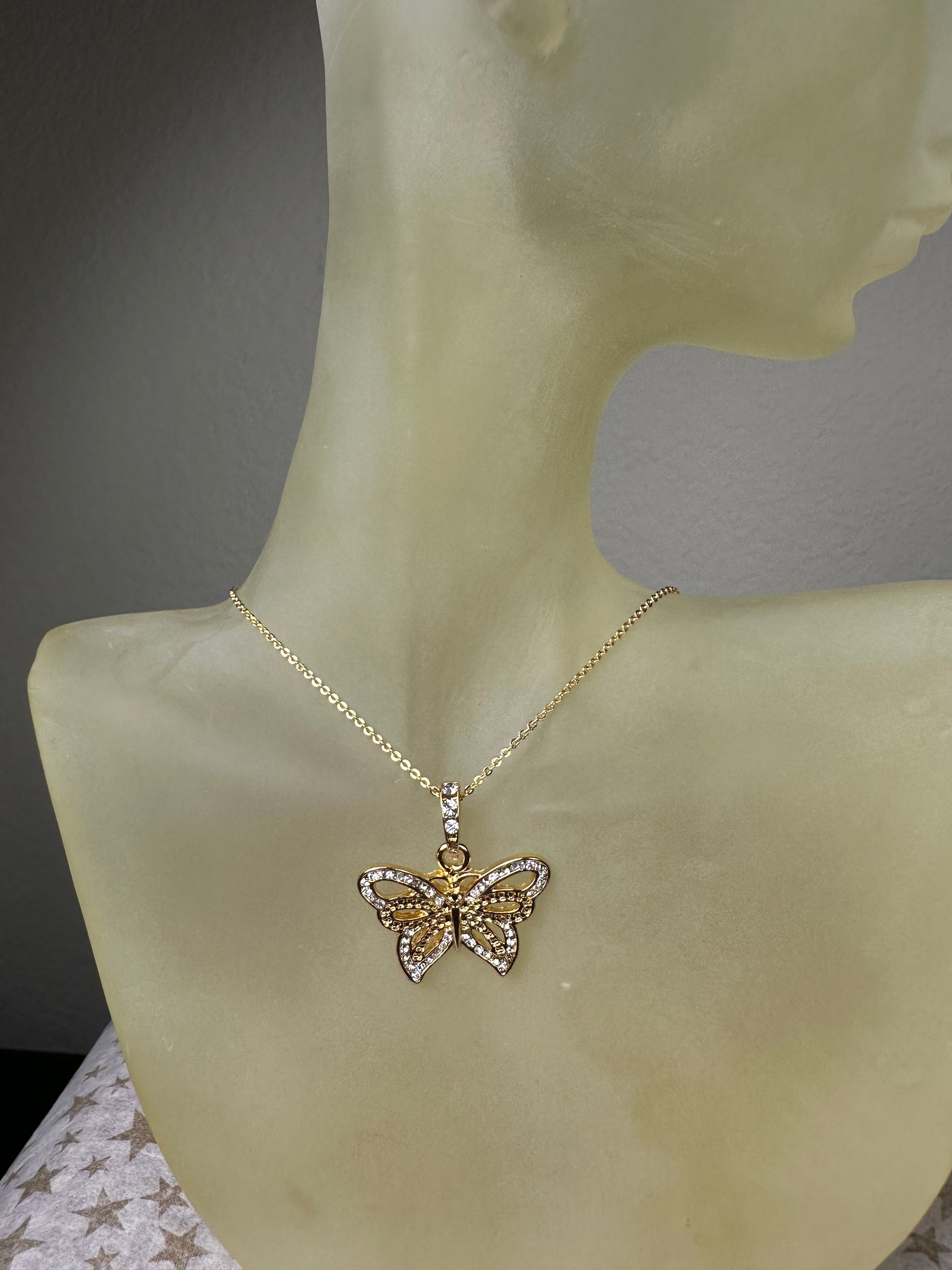 Yellow Gold Tone Crystal Butterfly Pendant Necklace
