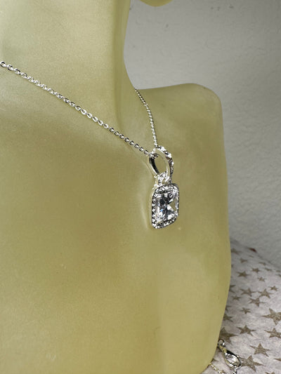 Silver Tone Rectangular Crystal Pendant Necklace