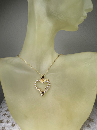 Yellow Gold Tone Artsy Crystal Heart Pendant Necklace